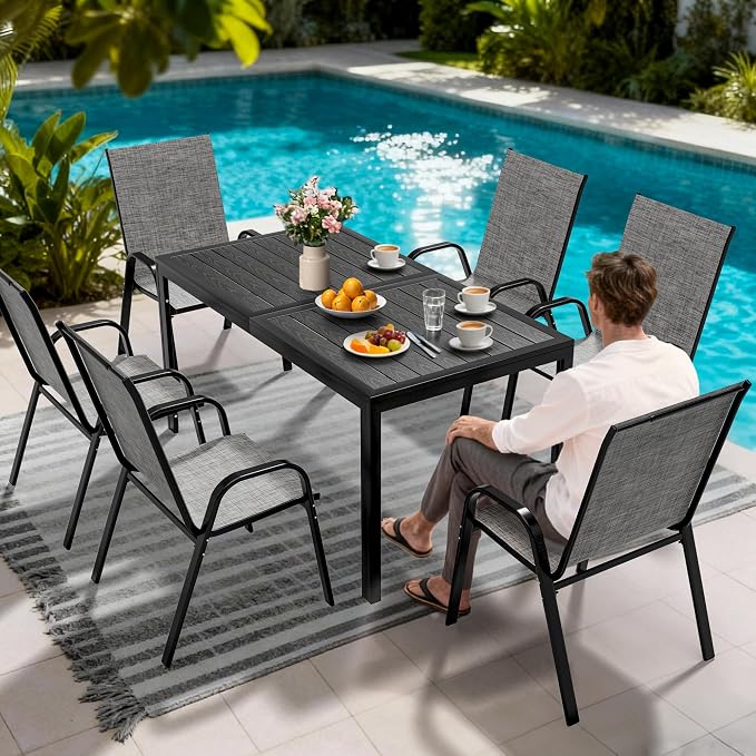 Pamapic Outdoor Dining Sets for 6, Rectangular Steel Slat Table with 6 Textilene Chairs, 7 Piece Patio Table and Chairs Set with Umbrella Hole for Patio, Garden, Backyard and Poolside (Grey) - Image 4