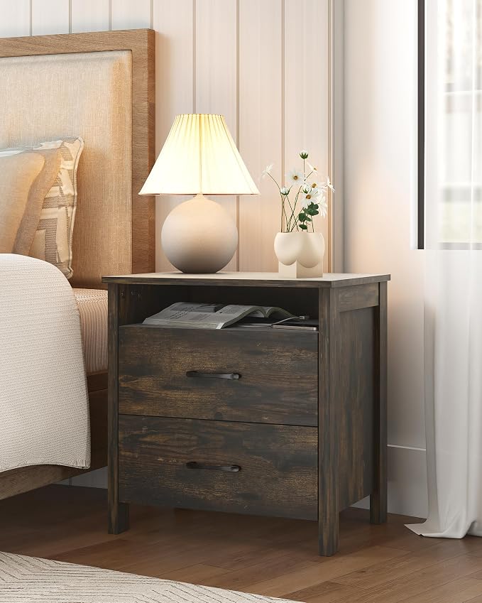 Farmhouse Nightstand, Rustic Nightstand with 2 Large Drawers, Wood End Table with Open Shelf, Bedside Table for Bedroom, Dark Brown by Furnivado