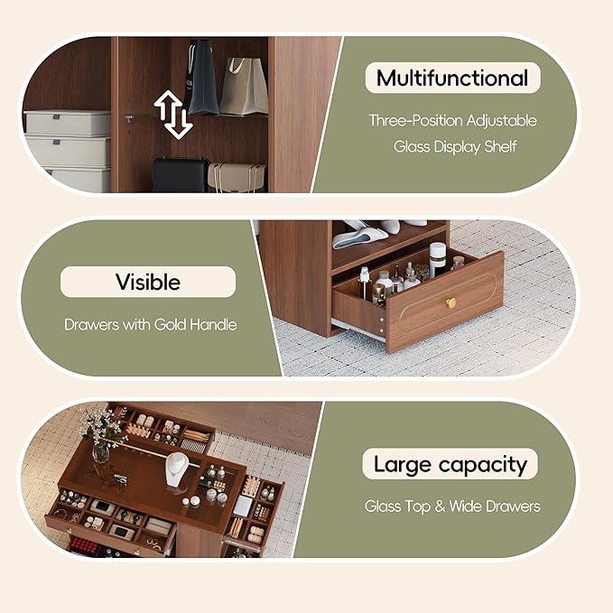 Merax Closet Island with 6 Drawers Wardrobe Armoire Bedroom Island with Glass Top and Open Shelves 47.3" Jewelry Storage Vanity Island with Compartments, Cloakroom Walk-in Closet Island (Walnut)