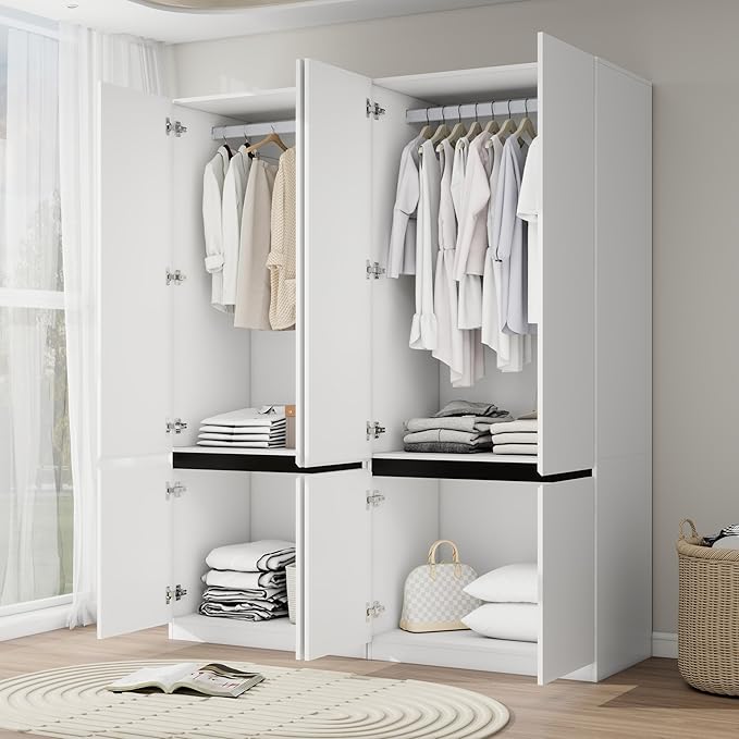 Bedroom Armoire Wardrobe Closet with 4 Doors: 75" White Wardrobe Cabinet for Clothes, Wooden Closet with Hanging Rod, Modern Armoire with Shelves (2)