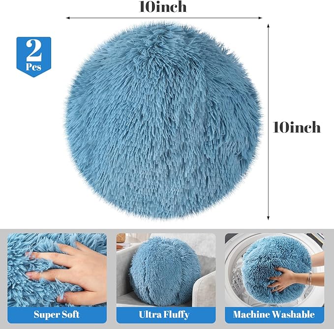 2 Pack Plush Round Ball Throw Pillow 10 Inch Nordic Soft Boucle Pillows Spherical Fuzzy Pillows Circle for Couch Sofa Bed Bedroom Living Room Office School Chair Decorations(Blue)