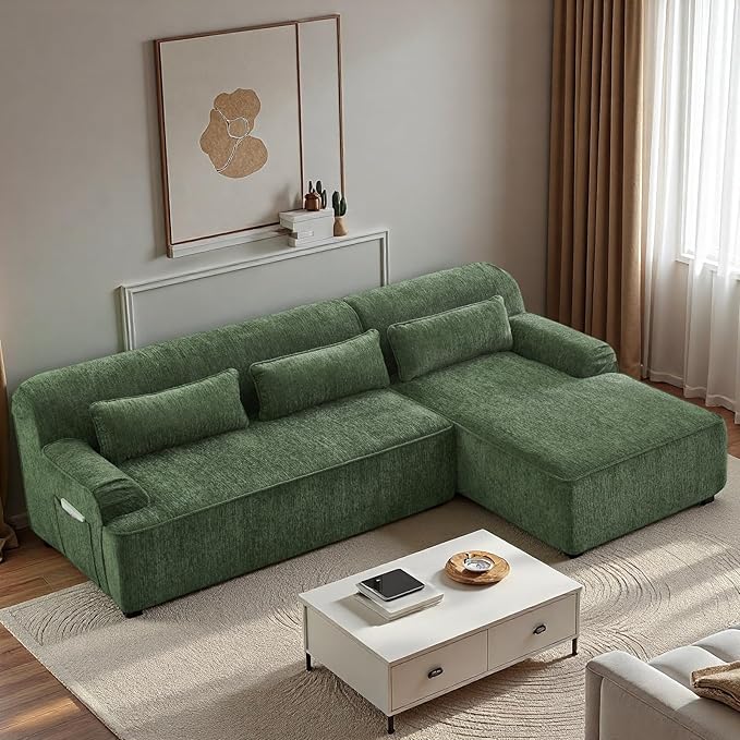 L-Shaped Sectional Sofa, Luxury Upholstered Chenille 3-Seater Sofa with Right Chaise Lounge & 3 Lumbar Pillows, Modern Comfy Oversized Couch with Side Pocket for Living Room, Apartment, Green