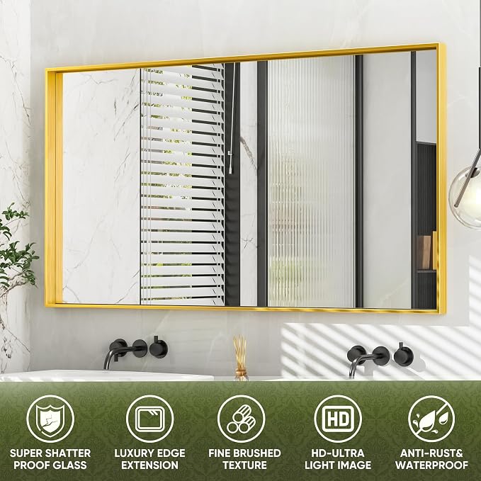 Suidia Bathroom Mirror, 60" x 30" Wall Mirror Metal Framed, Bathroom Vanity Mirror for Living Room Bedroom Bathroom Entryway, Gold, Rect Corner Style - Image 4