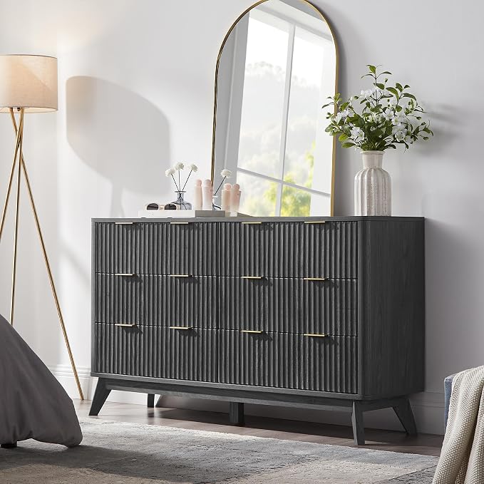 T4TREAM Fluted 6 Drawers Dresser, 54" Wide Modern Chest of Drawers, Curved Profile Design, Dresser TV Stand, Wood Drawer Organizer for Bedroom, Living Room, Hallway, Dark Alder - Image 3