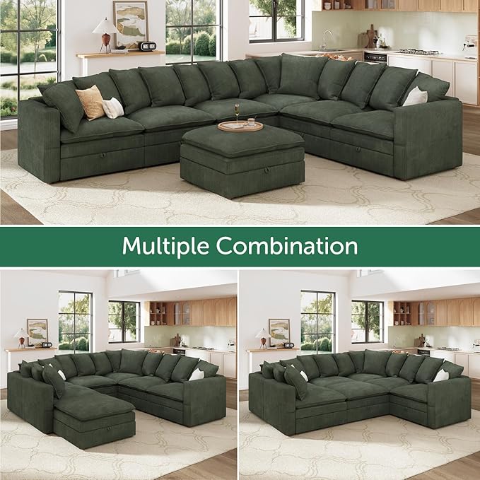 HONBAY Modular Sectional Sofa with Ottoman, 7 Seat U Shaped Couch with Storage & Pillows, 137 Inch Oversized Sectional Sofa for Living Room, Green