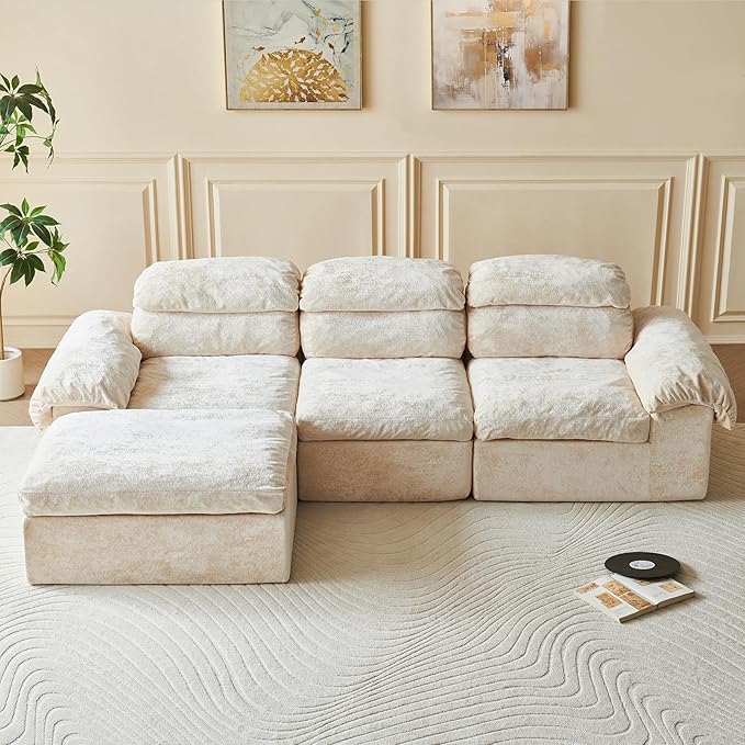 Boneless Couch, L Shaped Cloud Couches for Living Room, Comfy Fluffy Modular Sectional Sofa, Deep Seat Memory Foam Lounger with Left Facing Chaise, Free Combination, Beige