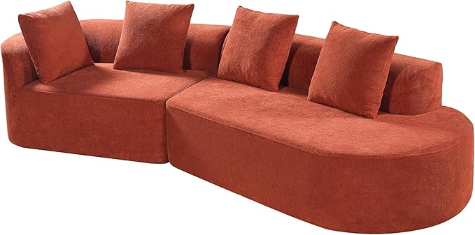 Merax 2-Piece 116" L-Shaped Modular Sectional Sofa Set, 4 Seat Fully Assembled Curved Upholstery Couch with High-Density Compressed Sponge, Chaise Lounge & 4 Pillows for Living Room, Orange