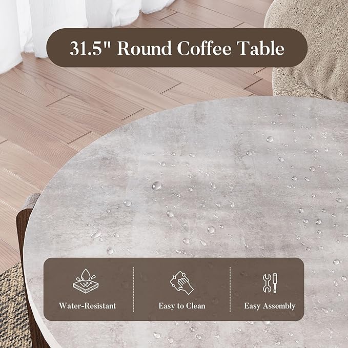 COSIEST Modern Round Coffee Table & 2 Side Tables Set, Faux Marble Wood Top, Walnut & Cream White Legs, Minimalist Living Room Center & Accent Tables(3 PCS)