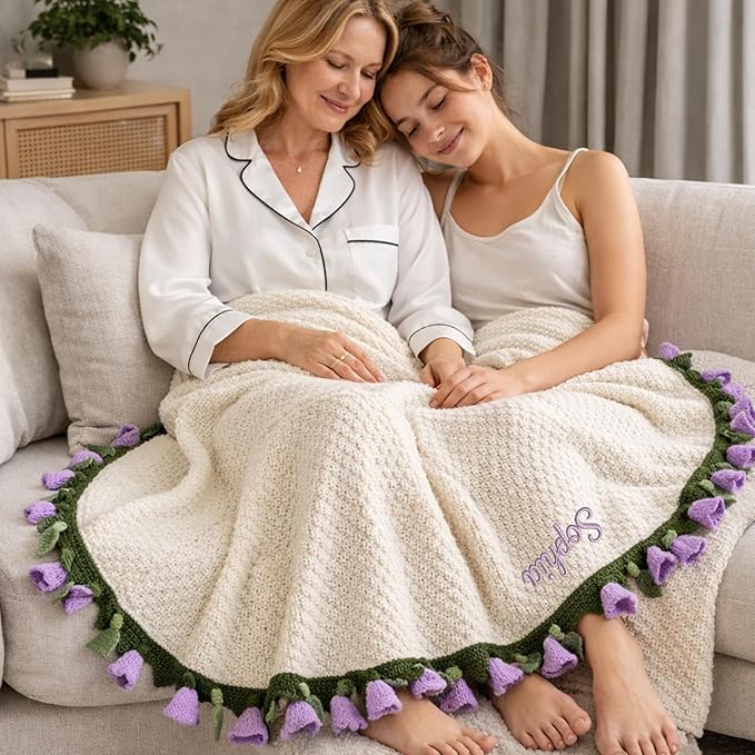 Personalized Handmade Crochet Rose Flower Blanket Bouquet – Custom Name Gift for Mother's Day, Valentine’s Day（Lily of the Valley）