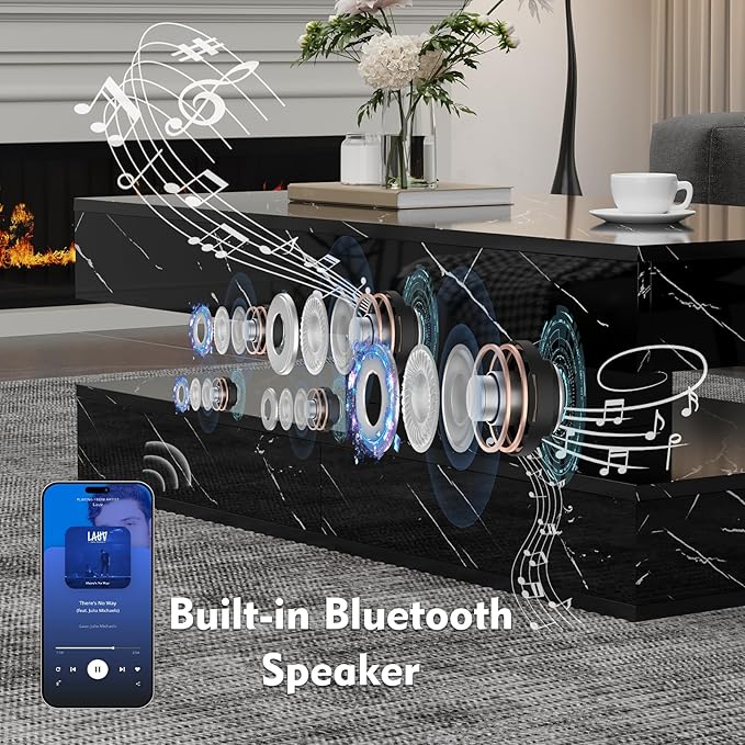 47" Modern LED Coffee Table with 2 Drawers, High Glossy Double-Layer Center Table with Wireless Charging and Built-in Bluetooth Speaker Smart Table for Living Room with Marbling