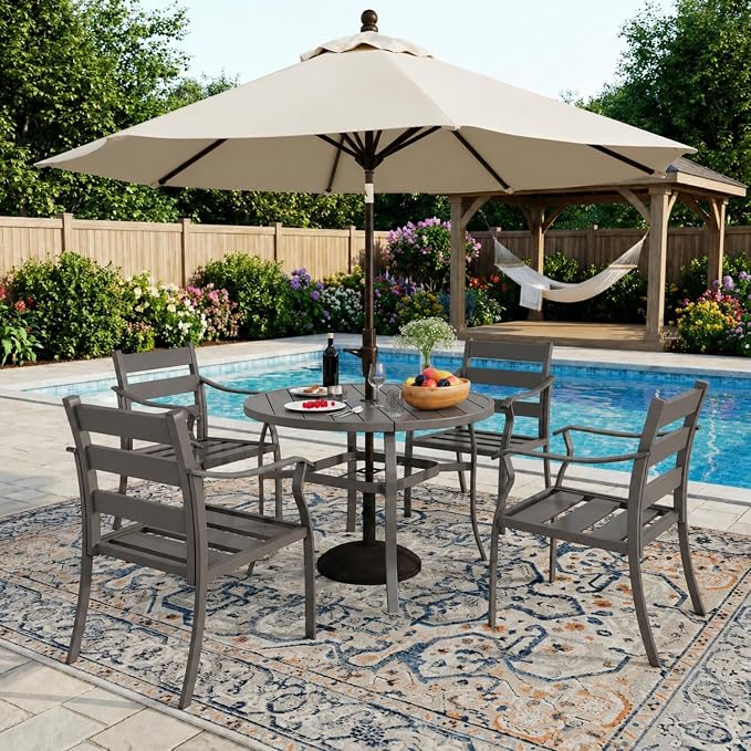 EROMMY 5-Piece Round Outdoor Patio Dining Set, 4 Metal Slat Chairs & Round Table with Umbrella Hole, All-Weather Outdoor Furniture for Backyard, Garden and Poolside by EROMMY