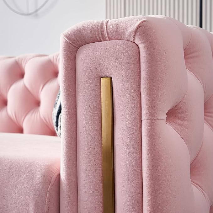 KEIKI 84" Chesterfield Velvet Tufted Button Sofa with Removable Cushions and 2 Toss Pillows, Modern 3-Seater Couch with 4 Gold Metal Legs, Easy Assembly, for Living Room, Bedroom, Apartment, Pink