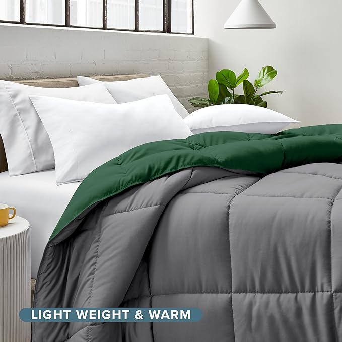 Bare Home California King Comforter - Reversible Colors - Goose Down Alternative - Ultra-Soft - Premium 1800 Series - All Season Warmth - Bedding Comforter (California King, Grey/Forest Green)