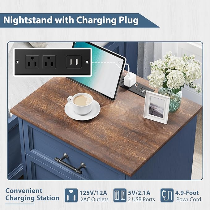 Bedroom Set, 3 Pieces Bedroom Furniture Set, Wood 7 Drawer Dresser and 3 Drawers Nightstands with Charging Station, Farmhouse Storage Organizer Cabinet for Bedroom, Blue