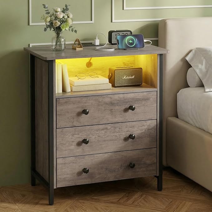 27 Inch Wide Nightstand with Charging Station, Large Nightstand with 3 Wood Drawers & LED Lights, Big Bedside Table with Open Shelf for Bedroom, Guest Room, Office, Gray. - Image 7