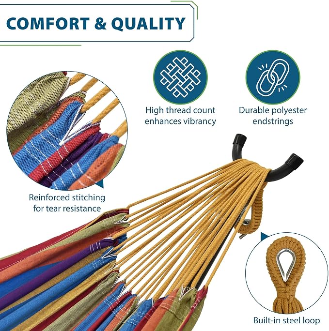 Vivere Double Cotton Hammock with Space Saving Steel Stand, Upgraded Polyester End Strings 450 lb Capacity - Premium Carry Bag Included - USA Grown Cotton (Tropical) - Image 2