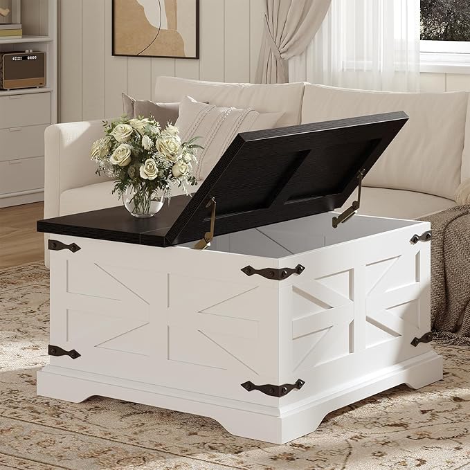Farmhouse Coffee Table with Storage, Square Center Table for Living Room, Rustic, Hinged Lift Top Soft Close, Wood, Large Hidden Storage, Modern, Metal Corner, White Black