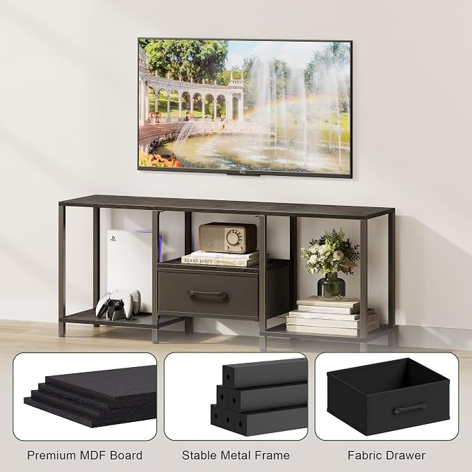 JARHETUN TV Stand with Fabric Drawer for 55 Inch TV, Entertainment Center with Open Shelves, Media TV Console Table for Living Room, Bedroom, Black - Image 5