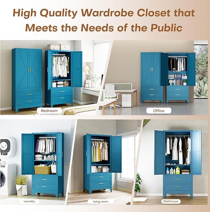 Metal Armoire Wardrobe Closet with 2 Drawers, 71" Wardrobe Cabinet with Adjustable Shelf & Hanging Rod for Bedroom, Blue Metal Closet Storage Cabinet with 2 Doors & Drawers