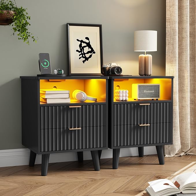 AOGLLATI Night Stand with Charging Station and Fluted Panel, 2 Drawers Black Nightstand with LED Lights and Open Storage Cubby, Modern LED Bedside Table with Metal Handle for Bedroom - Image 3