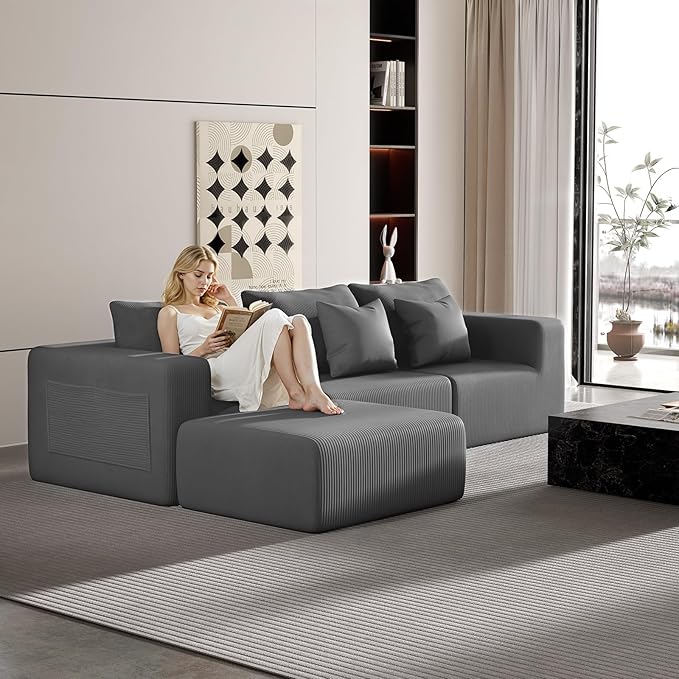 Modern L-Shaped Modular Sectional Couches for Living Room, Bedroom, Oversized 4 Seater Upholstered Boneless Sofa with Ottoman, Deep Seat, Pockets No Assembly Required (Gray) | Corduroy Sofa, High-density Foam, No Assembly Required, Sectional Couches