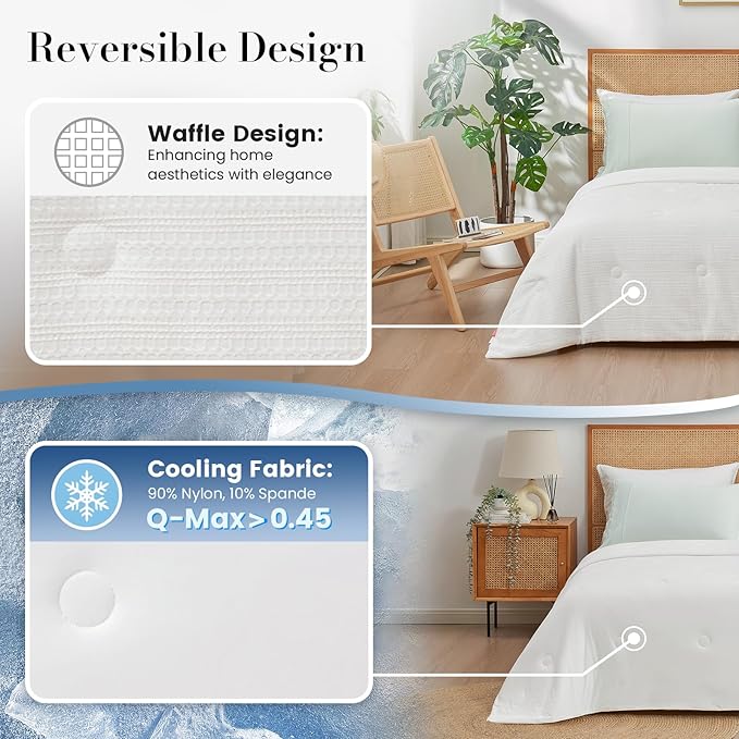 Amélie Home Waffle Cooling Comforter Twin Size, Q-Max 0.45 Reversible Lightweight Cooling Blanket for Hot Sleepers, Breathable Bedding for Night Sweats, 68"x90", White