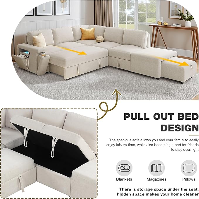 ERYE L-Shaped Multifunctional Sleeper Sectional with Hidden Storage and Cupholders, Modern Pull Out Sleeper Convertible Sofa Bed W/Storage Chaise, Ottoman, USB-C Ports