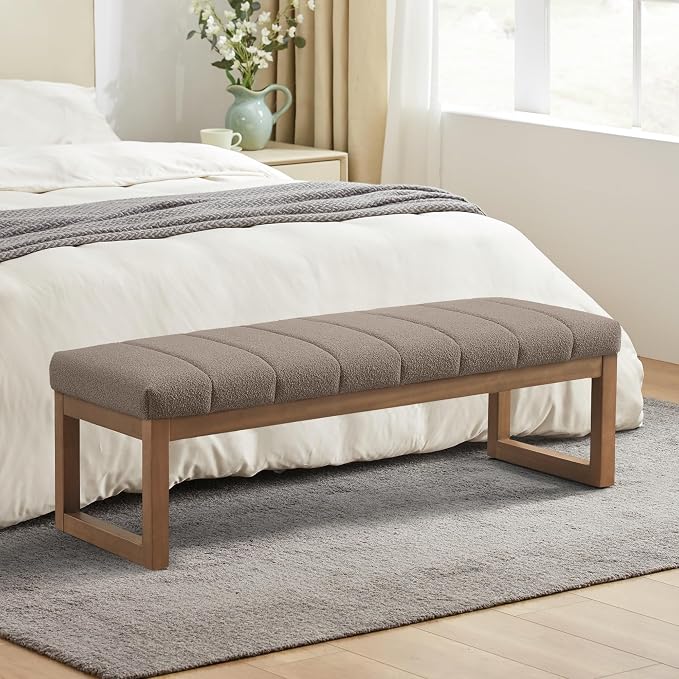 Zihanhome 52.7" Bedroom Bench for End of Bed, Modern Upholstered Teddy Fabric Entryway Bench & Dining Bench, Footrest Stool Bench with Solid Wood Frame for Bedroom, Living Room (Dark Brown) - Image 6