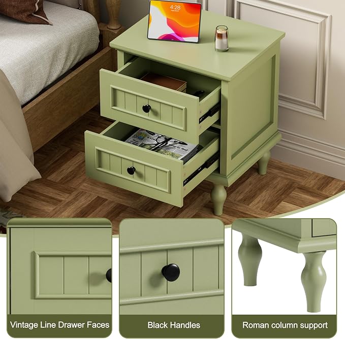 Scurrty Vintage Nightstand Set of 2, Antique Style End Table with 2 Drawers, Taller Nightstand for Bedroom, Side Table for Bedroom (Green) - Image 6