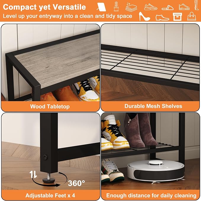 HOMEFORT 2 Tiers Shoe Bench, Retro Industrial Shoe Storage Bench with Mesh Shelf and Sturdy Metal Frame, Metal Shoe Rack Bench for Hallway, Mudroom, Living Room, Washed Gray - Image 8