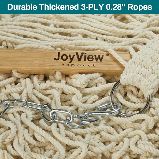 JoyView Traditional Rope Double Hammock - Hand Woven Cotton Hammock with Hardwood Spreader Bar and Pillow 450lb Capacity for Outdoor Indoor Patio Yard - Natural - Image 6