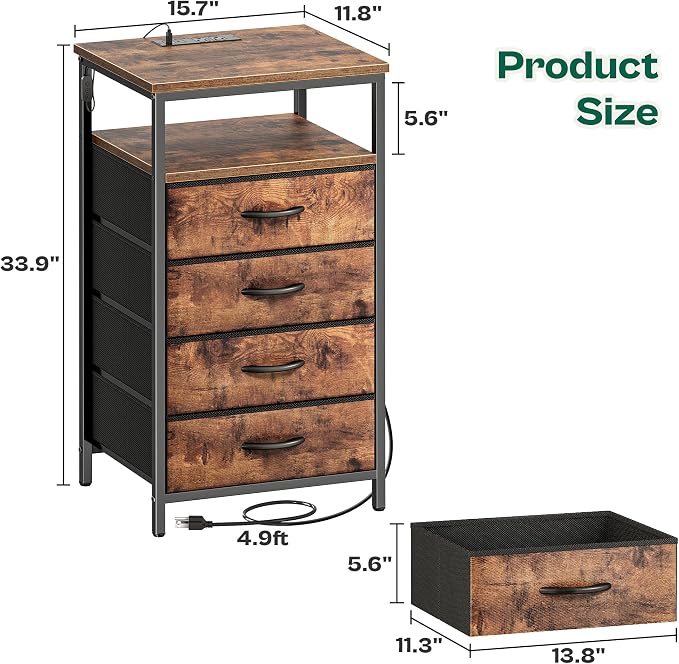 Huuger Night Stand with Charger Station and LED Lights, 4 Drawer Nightstand, Bed Side Table with Open Shelf, End Table, Fabric Dresser for Bedroom, Rustic Brown - Image 3