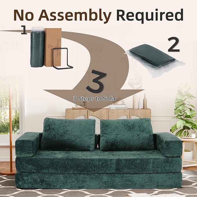 Convertible Sofa Bed, 4-in-1 DIY Combination Modular Couch with Pillows, Comfy Boneless Sleeper Sofa Bed with Fixed-Shape Frame, Chenille Convertible Lounge Couch for Living Room, Green