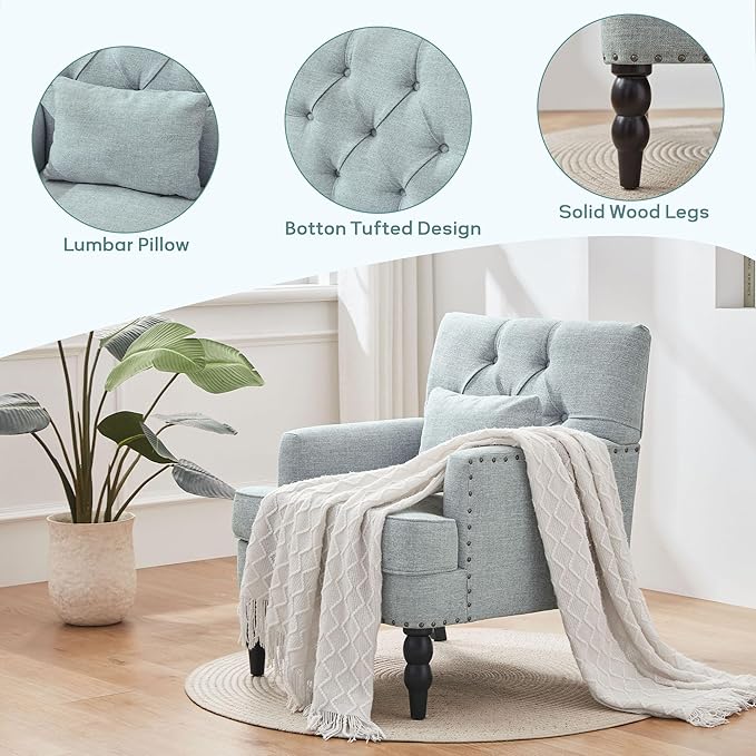 HUIMO Tufted Club Chair,Accent Chair with Lumbar Pillow, Upholstered Button Armchair, Linen Fabric Sofa Chairs for Bedroom, Living Room, Mid Century Modern with Studded Reading Chair Light Blue