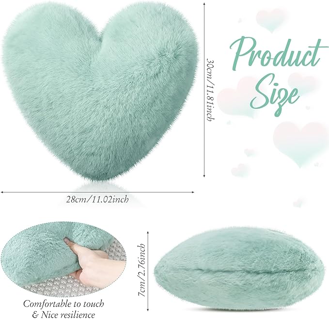Marsui 2 Pcs Heart Throw Pillows, Soft Fluffy Faux Fur Decorative Hearts Shaped Pillows for Living Room Sofa Bed, Cute Heart Themed Gift for Women(Sage Green,11.81 x 11.02 Inch)