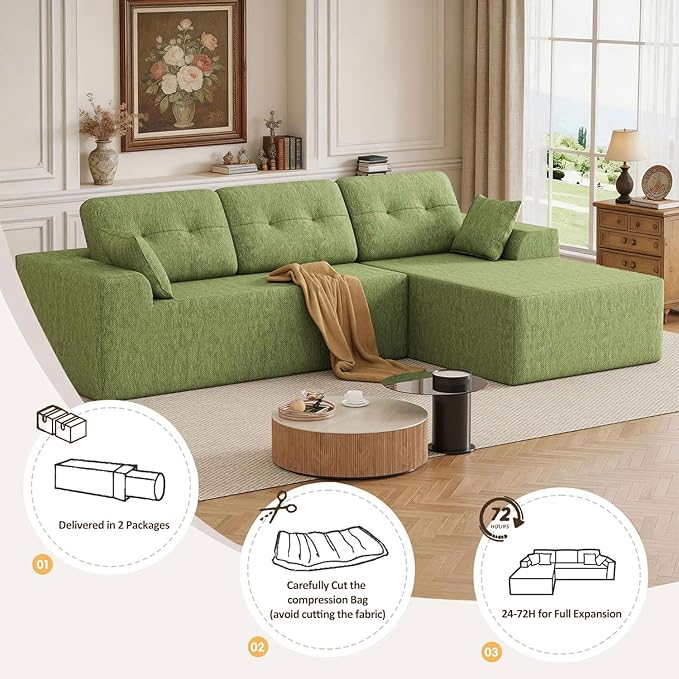Ball & Cast 106''Modular Boneless Sectional Couch,Chenille Cloud Couch w/Wider Armrest and Pillow,Upholstered Convertible Comfy Sofa Couches for Living Room,High Weight Capacity,Right Facing(Green)