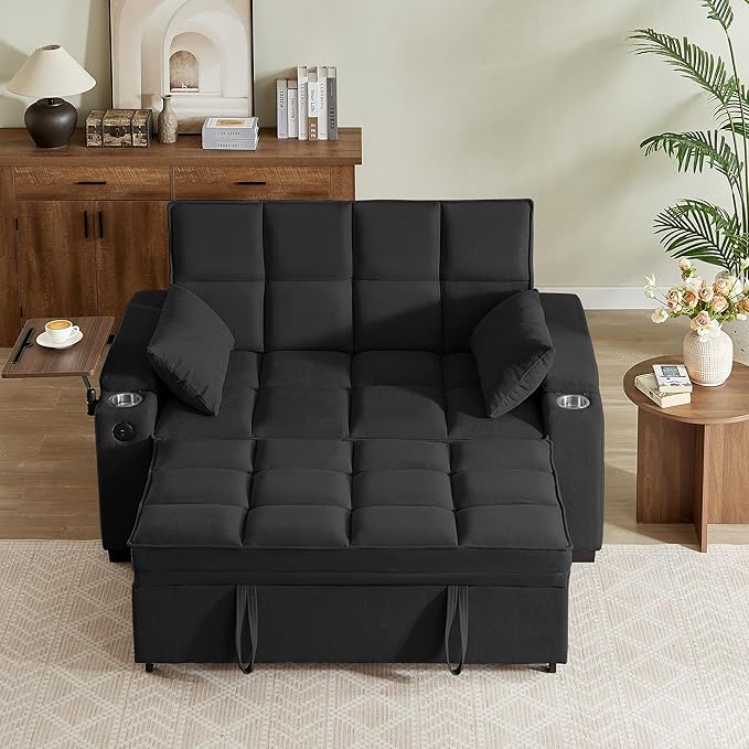 Eafurn Convertible Sleeper Sofa Bed with 360° Swivel Table & USB Ports, Tufted Chenille Loveseat Pull-Out Couch with Storage Armrest & Cup Holders, 6-Level Adjustable Backrest