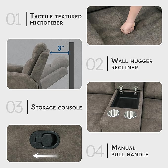 Lexicon Manual Double Reclining Loveseat, Textured Microfiber Manual Wall Hugger Loveseat Recliner for Living Room, Center Storage Console/Cup Holders/Track Arm, Easy Assembly, Brown