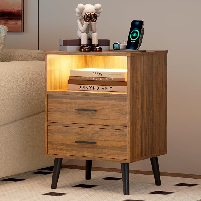 LVSOMT Nightstands Set of 2, Nightstand with Charging Station and USB Ports, Rustic Brown Bedside Table with Open Shelf, Mid Century Modern Nightstand with 2 Drawers, Night Stands for Bedroom - Image 7