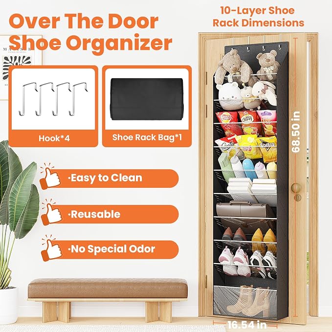 ZATOCL 10-Tier Over The Door Organizer, Space Saving Hanging Shoes Organizer and Storage Unit, Organizer for Closet, Bedroom, Entryway, Black - Image 2