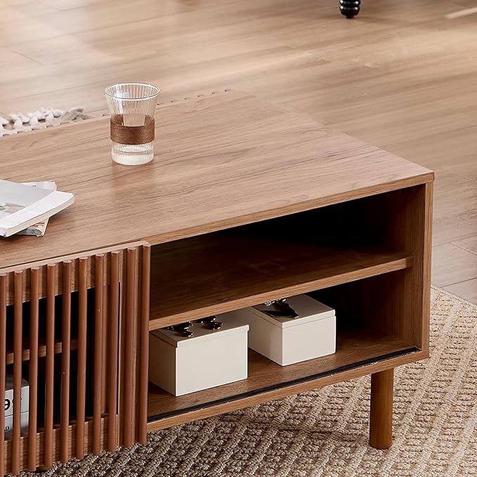 Bonzy Home 44’’ Mid Century Modern Coffee Table with Storage, Wood Center Table with Sliding Door and Open Shelves for Living Room (Walnut)