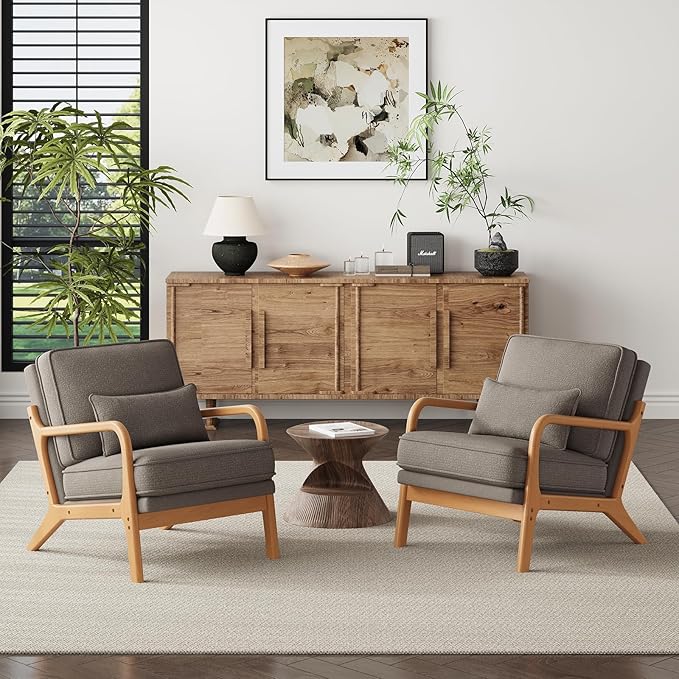 MALOL Accent Chair Set of 2 with Solid Wood Frame, Mid-Century Relaxing Armchair Lumbar Pillow& Soft Cushion, Reading Leisure Chair for Living Room, Bedroom, Waiting Room-Grey