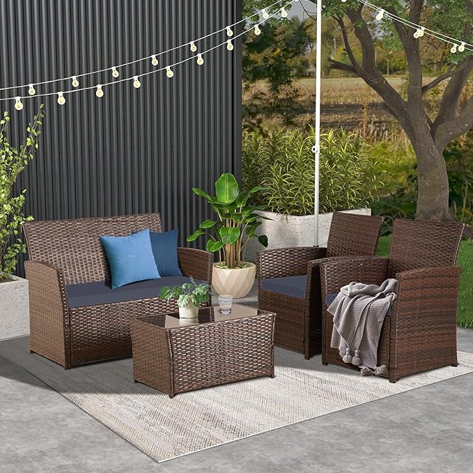 Patio Outdoor Furniture 4 Pieces Sectional Sofa Set Balcony Furniture Wicker Rattan Chairs with Table and Loveseat for Garden, Porch, Backyard, Brown Wicker/Blue Cushion