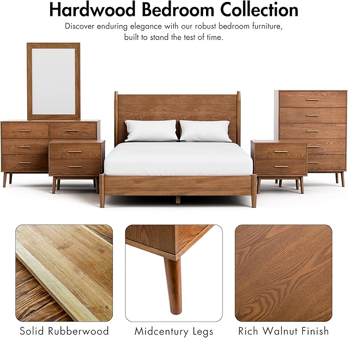 Furniture of America Wyatt Modern Solid Wood Bedroom Collection with Queen Bed Frame, Nightstands, Dresser with Mirror, Chest, No Box Spring Needed, Walnut, Standard Platform, 6-Piece Set