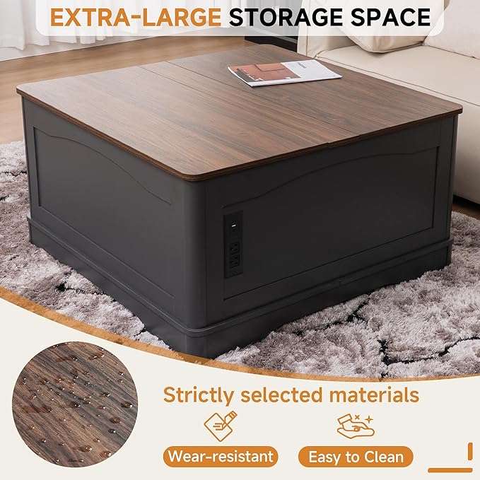 Lift Top Coffee Table with Hidden Storage and Power Outlets, 35.4 Square Center Table Solid Matte Finish, Hidden Storage Coffee Table for Saving Spaces w/ 2AC, 2USB (Weathered Gray, 35.4 inch)