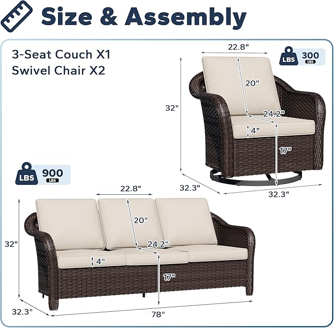 5 PCS Outdoor Conversation Set | 78" Couch, 4 Swivel Chairs, Patio Wicker Conversation Furniture with Removable Cushions for Bistro, Deck, Sunroom (Beige)