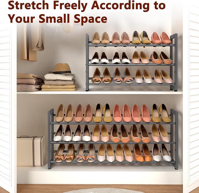 FAVOOSTY 3-Tier Expandable Shoe Rack, Adjustable Shoe Shelf Storage Organizer Space Saving Metal Free Standing Shoe Rack for Entryway Closet Doorway, Silver Grey - Image 7