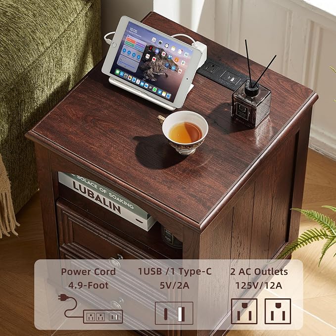 RWYHG 18" Farmhouse Night Stand Set of 2 with Charging Station, Walnut Wood Nightstand with 2 Drawers, Bedside End Table with Shelf Storage, Bed Side Tables for Bedroom, Living Room, and Closet - Image 6