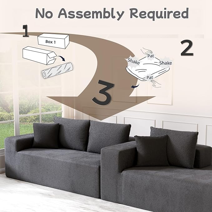 L-Shape Cloud Sectional Sofa, 104” Modern Modular Boneless Couch with Left Chaise Lounge, Compressed Floor Sofa with 5 Pillows & Deep Seat, Rain Drop Velvet Couch for Living Room, Dark Gray