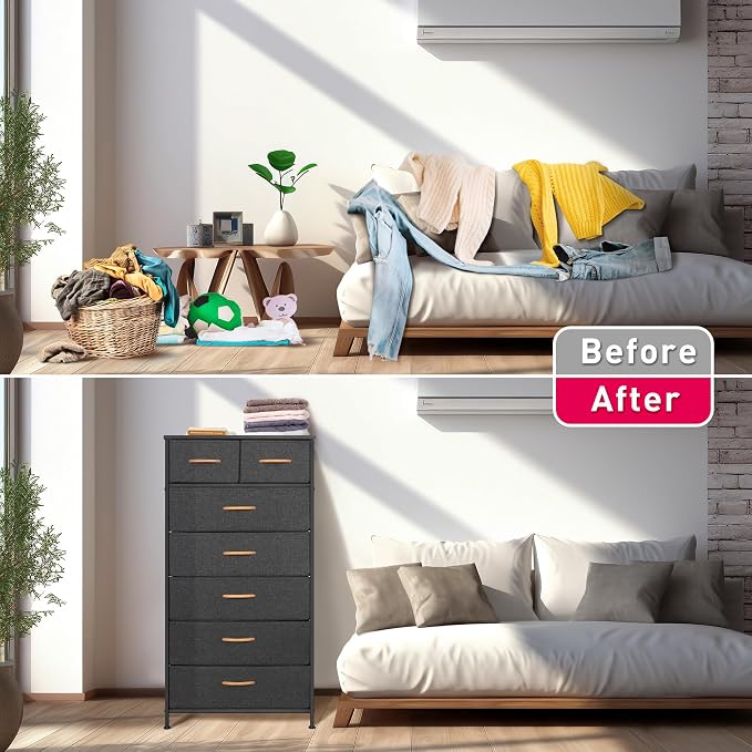 Mifuro Tall Dresser for Bedroom, Vertical Storage Organizer Tower with 7 Drawers, Chest of Drawers with Fabric Bins, Steel Frame, Wood Top for Bedroom, Closet, Entryway- Grey - Image 6